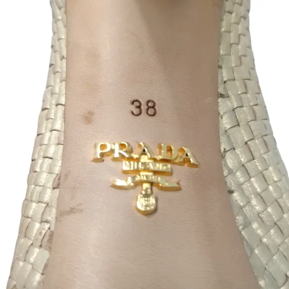 PRADA | Raffia Platform Pumps Beige Gold Heels Size 38 Italy - Picture 9 of 9